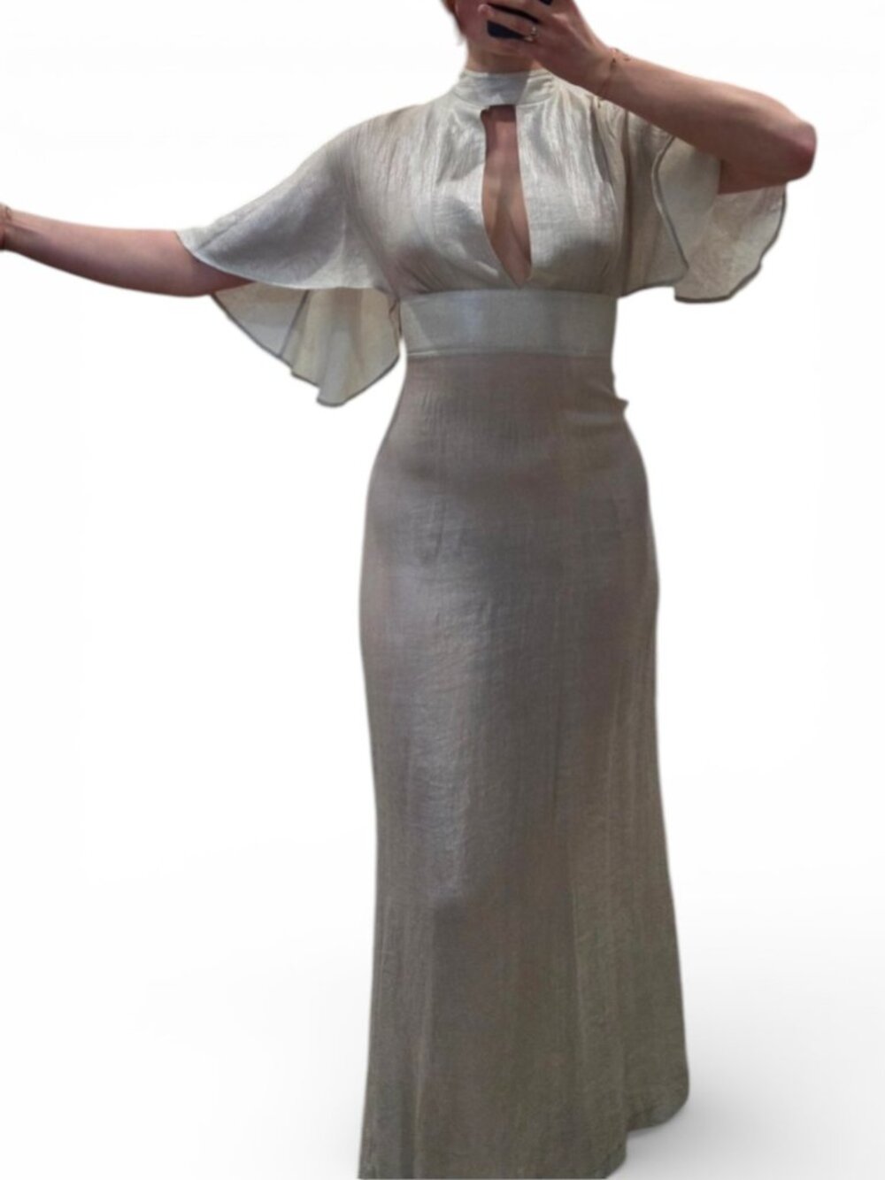 Liquorish Champagne Metallic Maxi Dress Keyhole Flutter Sleeve Formal Gown Size